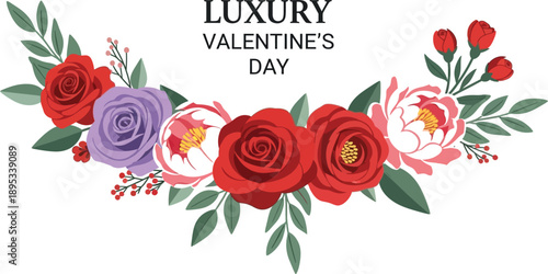 A luxurious Valentine's Day floral arrangement with vibrant roses and leaves on a white background