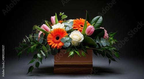 Wallpaper Mural Vibrant Gerbera Daisy and Tulip Floral Arrangement in Modern Wooden Box, Studio Shot with Dark Background Torontodigital.ca