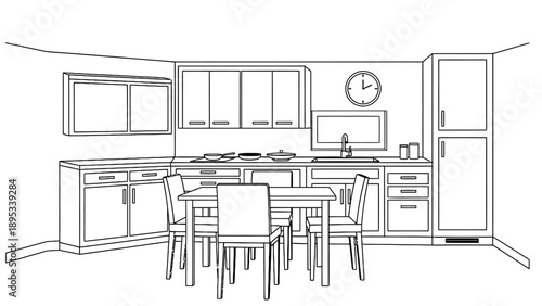 Modern kitchen interior with dining table line art illustration