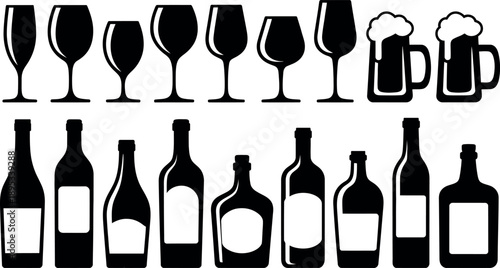 Collection of diverse beverage bottles and glassware silhouettes isolated on a transparent background for design use