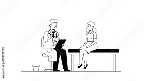 Doctor consulting female patient in medical clinic line art illustration