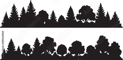 Forest tree line silhouette set, coniferous and deciduous vector, landscape design illustration, black and white nature graphic border