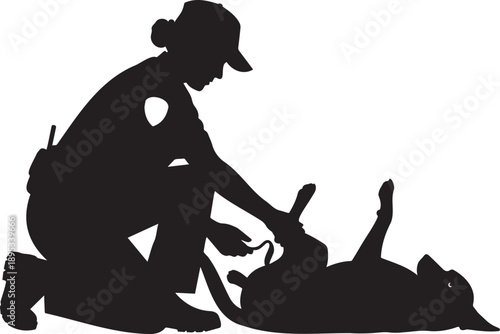 Police officer interacting with a playful dog in a silhouette
