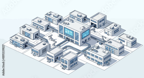 Isometric illustration of a modern smart factory with interconnected buildings and automated systems.