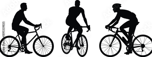Cyclist silhouette collection, casual and racing styles, black vector art, bicycle riders, helmet posture, outdoor activity illustration