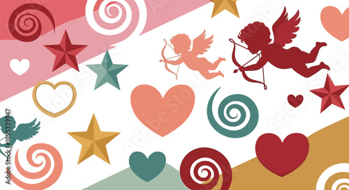 A colorful illustration of Valentine's Day symbols, including hearts, stars, and cherubs, in a playful and whimsical design.