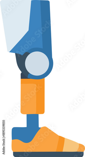 A flat vector illustration of a modern prosthetic leg with a mechanical knee joint and athletic shoe, rendered in a clean blue and orange color palette