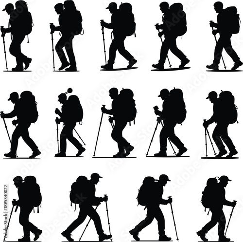 Hiking silhouette sequence, backpack and poles, walking motion vector, outdoor activity, black illustration, trekking animation, adventure sport design