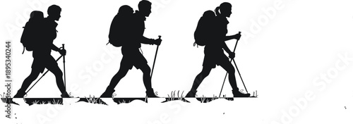 Hiking silhouettes, outdoor adventure, trekking scene, black vector, nature exploration, backpack gear, walking poles, grassy terrain, active lifestyle, travel design
