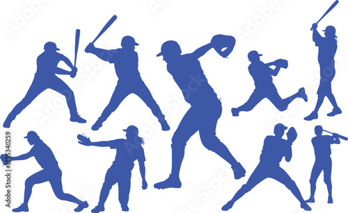 Blue silhouettes of baseball players in action sport