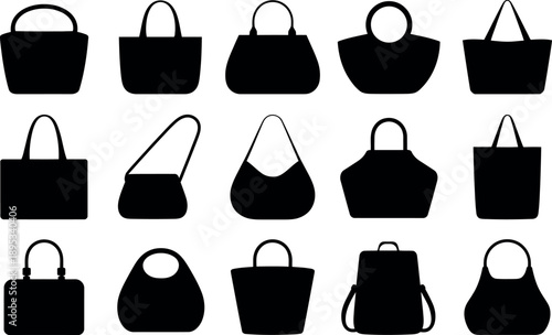 Collection of various black handbag silhouettes isolated on a transparent background for design use