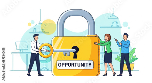 Business people unlock opportunity with large golden padlock.