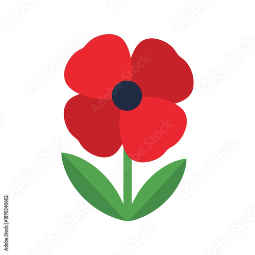 Red poppy flower vector clipart isolated, flat floral illustration for spring decor and design