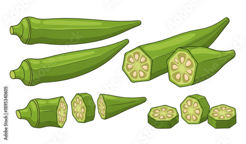 Cartoon okra vegetable vector illustration set isolated on white