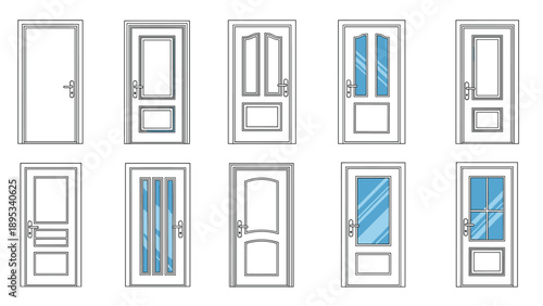 Comprehensive collection of modern door designs featuring various glass panel arrangements and handle styles for architectural use.