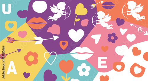 A colorful and playful illustration of Valentine's Day symbols and icons arranged in a heart shape