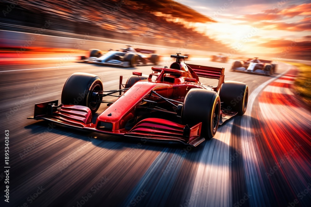 Obraz premium Red Formula One Car Racing on Track at Sunset with Speed and Motion