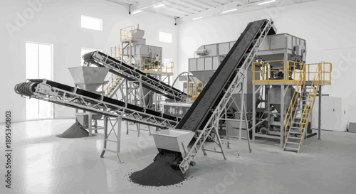 Modern industrial facility with multiple conveyor belts and processing machinery for material handling.