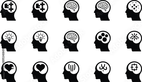 Human head silhouette icons, brain symbols, psychology concept vector, mental health illustration, cognitive emotion design, black profile graphics