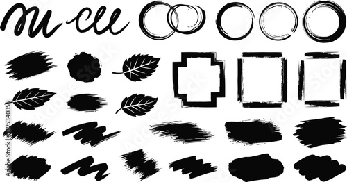 Black Artistic Brush Strokes, Shapes, and Leaves Set