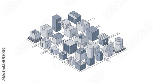Isometric view of a grid filled with various abstract geometric building-like structures in shades of grey and blue, representing an urban layout.