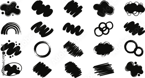 Black Paint Splatter, Swirls, and Abstract Shapes Vector