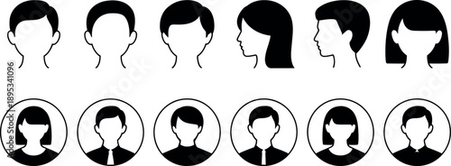 Diverse Collection of Simple Silhouette Male and Female Avatars in Front and Side Profile Views