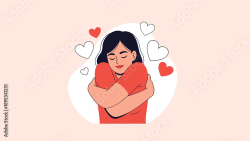 Conceptual illustration of a young woman hugging herself surrounded by red and white hearts, representing self-love and mental health.