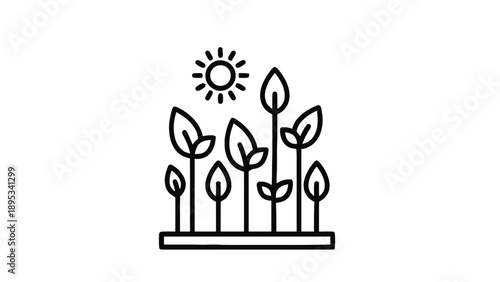 Vector illustration of, on transparent background, a conceptual icon depicting plants growing with sun