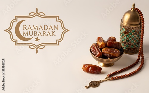 Ramadan mubarak with dates and prayer beads