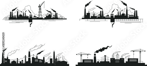 Industrial factory landscape, pollution, smokestacks, urban development, environmental impact, silhouette illustration, cranes, power lines, black and white, vector art