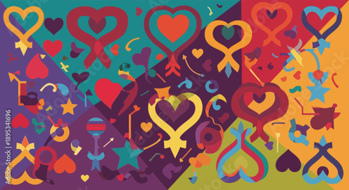 A vibrant and colorful illustration of various heart shapes and symbols in different colors and patterns.