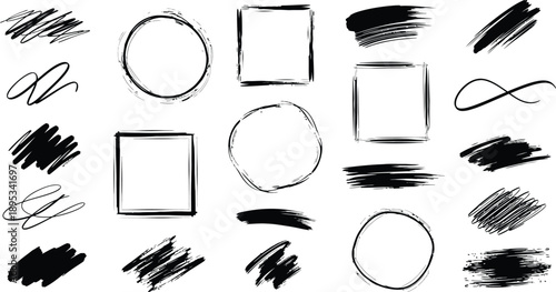 Black Abstract Brush Strokes, Frames, and Scribbles Vector