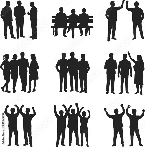 People silhouettes set showing group interaction, teamwork, communication, friendship, celebration, and social activities representing community lifestyle, business networking, and human relations
