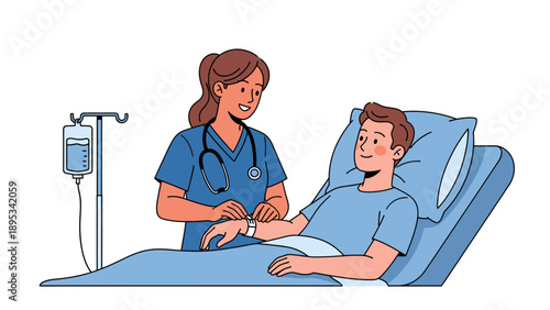 Nurse caring for a patient in a hospital bed illustration, medical healthcare and hospitality concept.