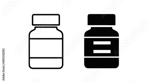 Vector illustration of pharmaceutical bottles, line and solid icons, on transparent background