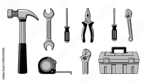 Hand tools and home repair set, collection of hammer, wrench, screwdriver, pliers, and toolbox icons.