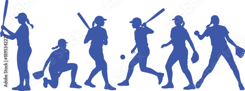 Blue silhouettes of women playing softball baseball 1