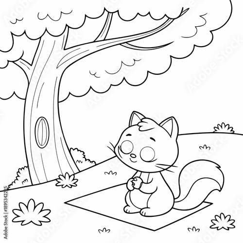 A black and white illustration coloring page of a fluffy cartoon kitten with round cheeks and a puffy tail sitting on a mat in a peaceful park, meditating under a tree. 