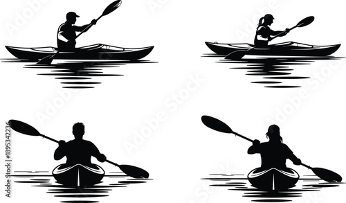 Kayaking silhouette vector set, water sport icons, paddle activity illustration, outdoor adventure design, black and white kayak motion graphics