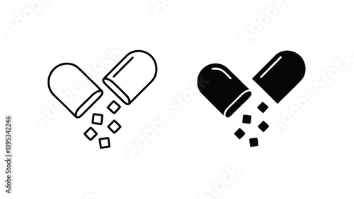 Vector illustration of open capsule with spilled contents, medicine and health care, on transparent background
