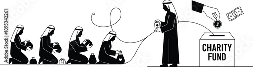 Charity donation illustration showing people giving money to charity fund box representing humanitarian aid, social support, fundraising concept, nonprofit organization, and community helping hands 