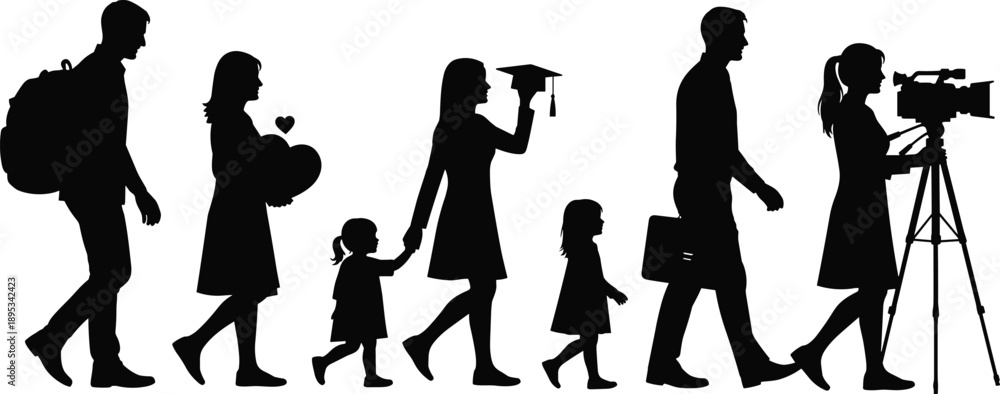Fototapeta premium Human life stages silhouettes from childhood to adulthood, isolated on white background, representing personal growth, education, career development, family life, and modern lifestyle journey concept