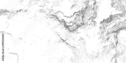 Topographic contour lines creating abstract textured pattern of grey curves on white background