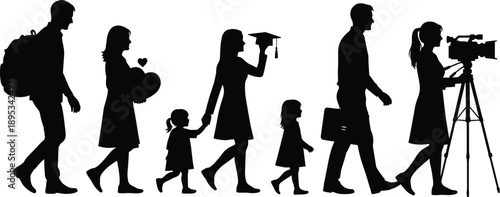 Human life stages silhouettes from childhood to adulthood, isolated on white background, representing personal growth, education, career development, family life, and modern lifestyle journey concept