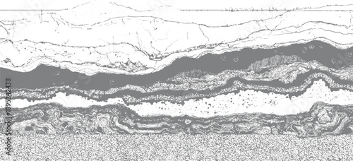 Abstract grayscale textured layers with organic wavy patterns and granular bottom layered