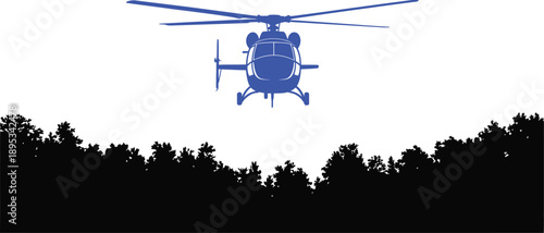 Blue helicopter flying over black forest silhouette
