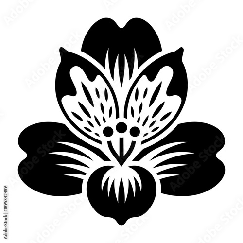 Minimalist black and white vector illustration of an Alstroemeria flower, Peruvian lily, featuring a symmetrical graphic design with patterned petals on a white background.