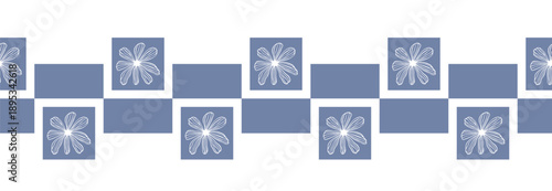 Modern geometric seamless border with white flowers in blue squares. Delft blue ink sketch horizontal banner of garden daisy plant. Horizontal print of chamomile for textile and home decor