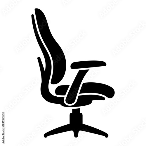 Black Silhouette of an Ergonomic Office Chair Isolated on White Background, Minimalist Flat Icon Design for Business and Workspace Furniture Concepts, Side View Illustration